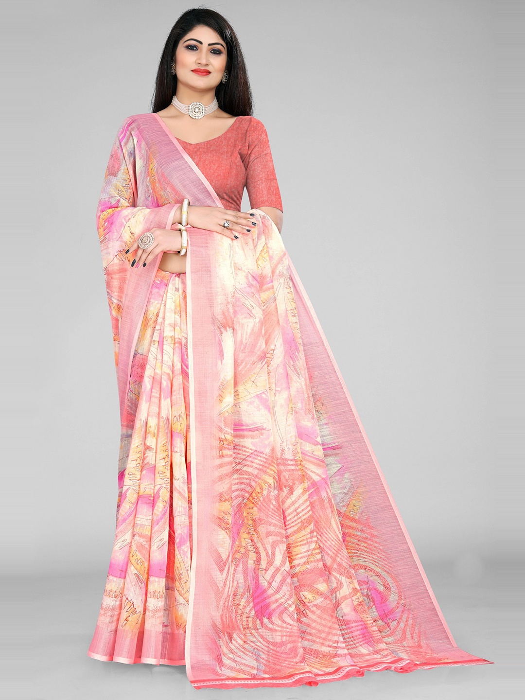 

vanraj creation Abstract Printed Cotton Linen Ikat Saree, Peach