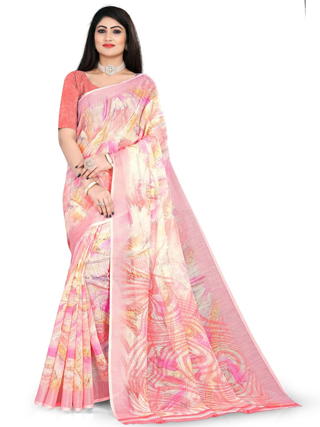 

vanraj creation Abstract Printed Cotton Linen Ikat Saree, Peach