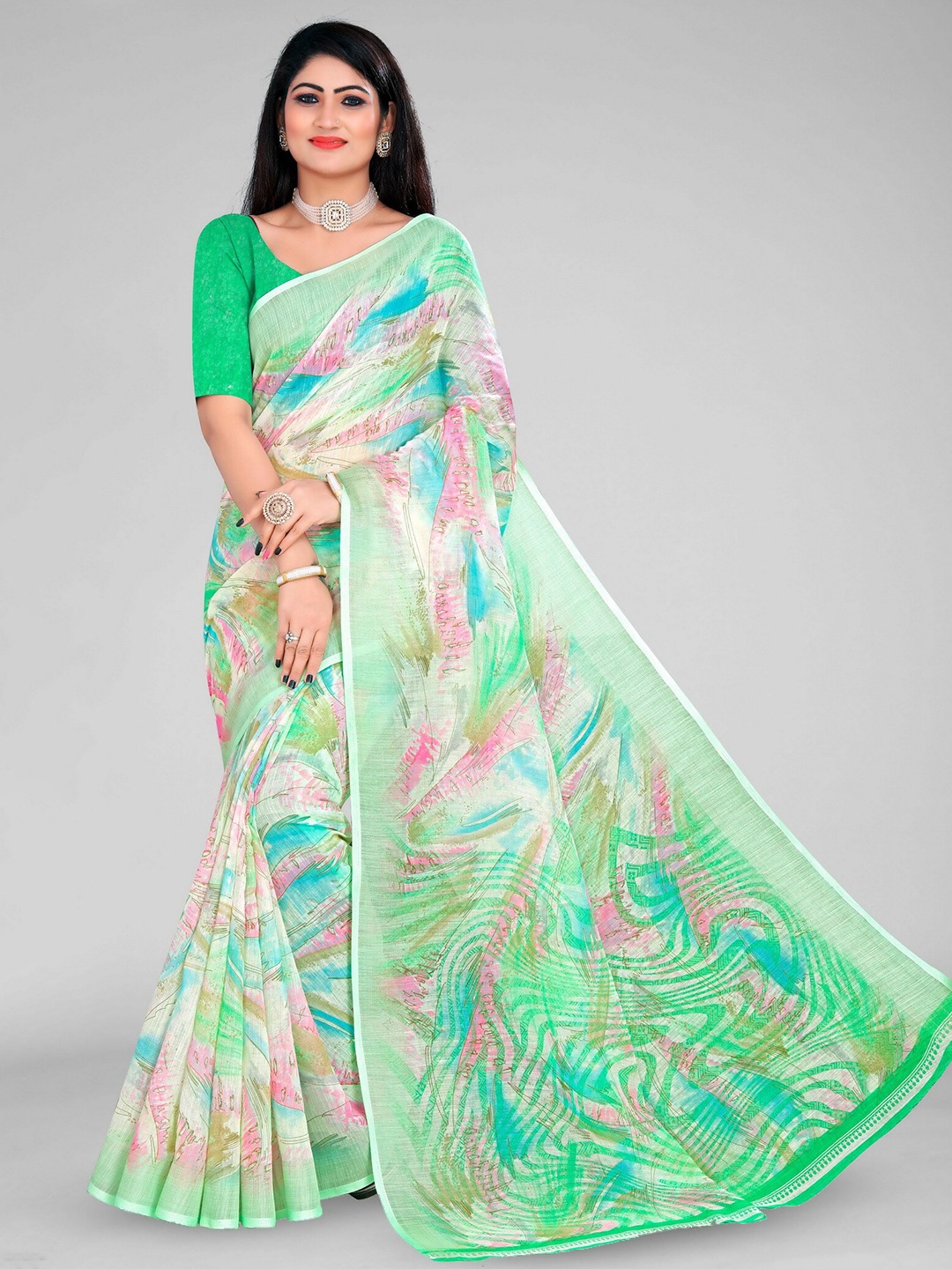 

vanraj creation Abstract Printed Cotton Linen Ikat Saree, Fluorescent green