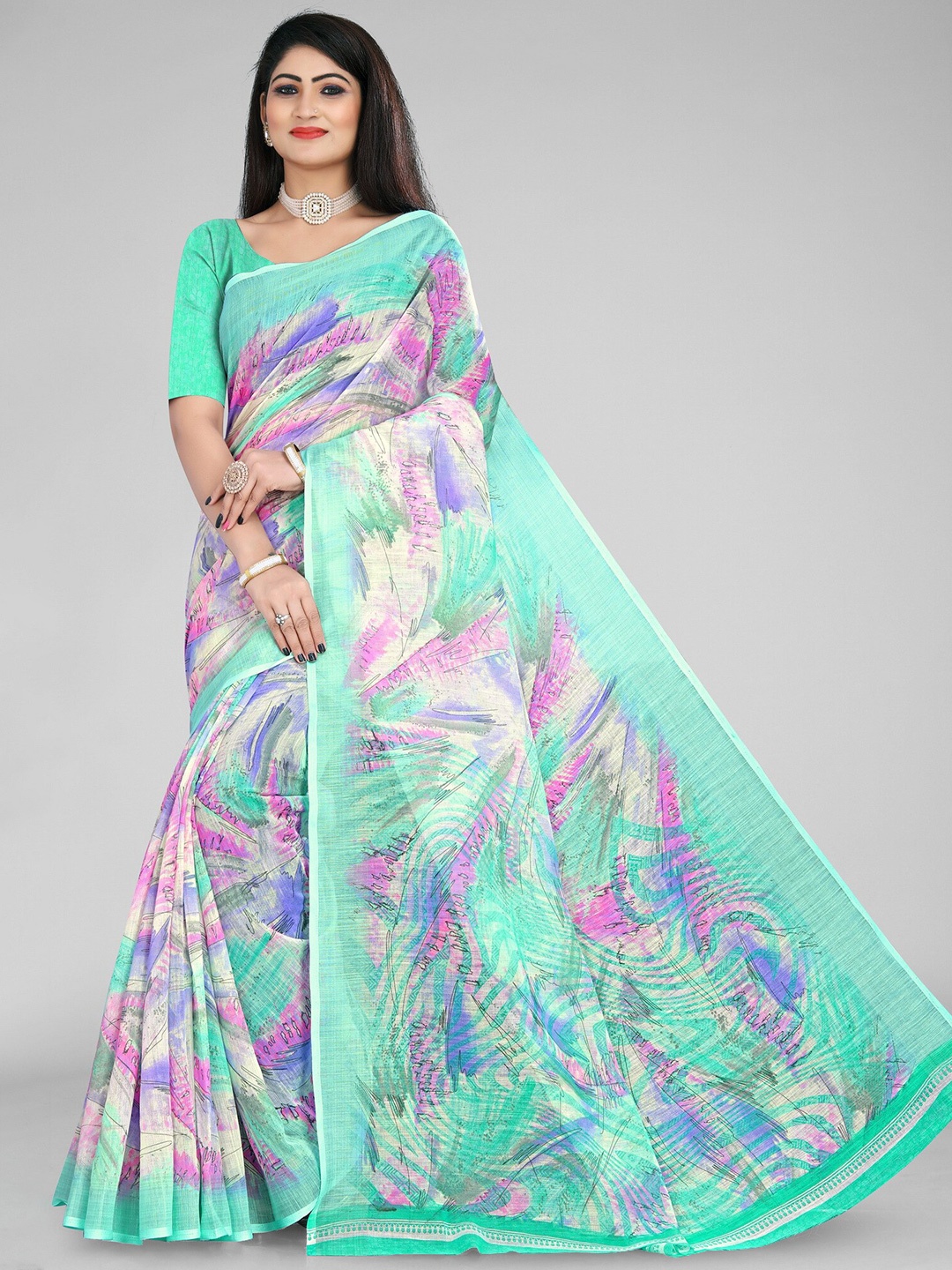 

vanraj creation Abstract Printed Cotton Linen Ikat Saree, Turquoise blue