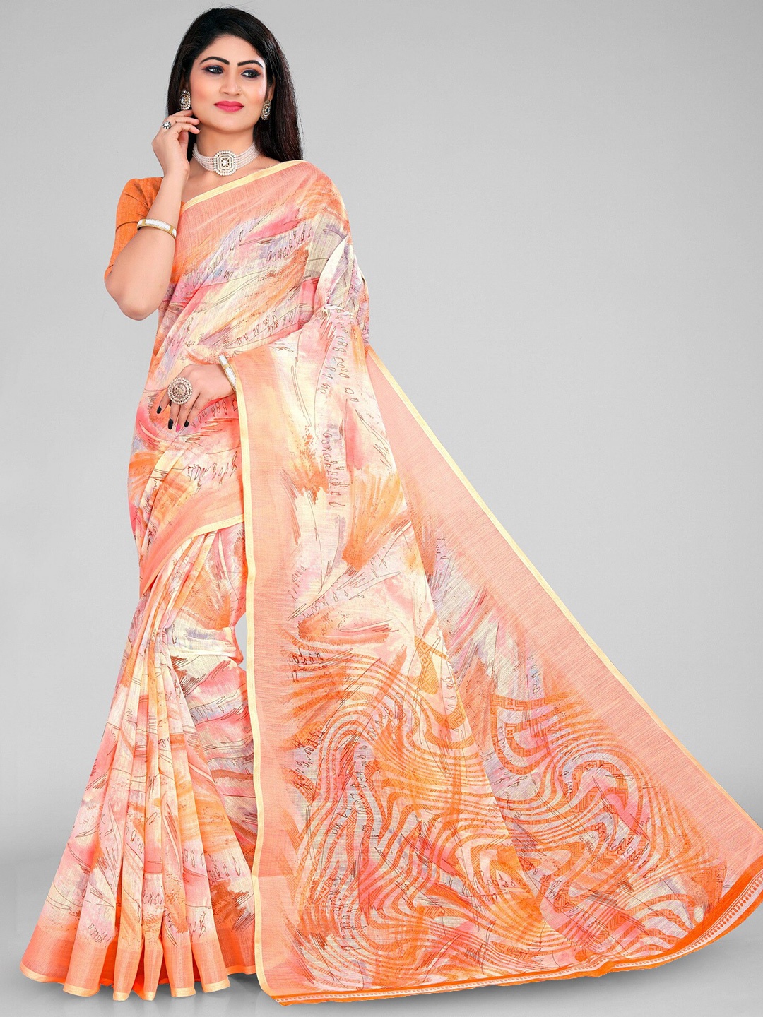 

vanraj creation Abstract Printed Cotton Linen Ikat Saree, Orange