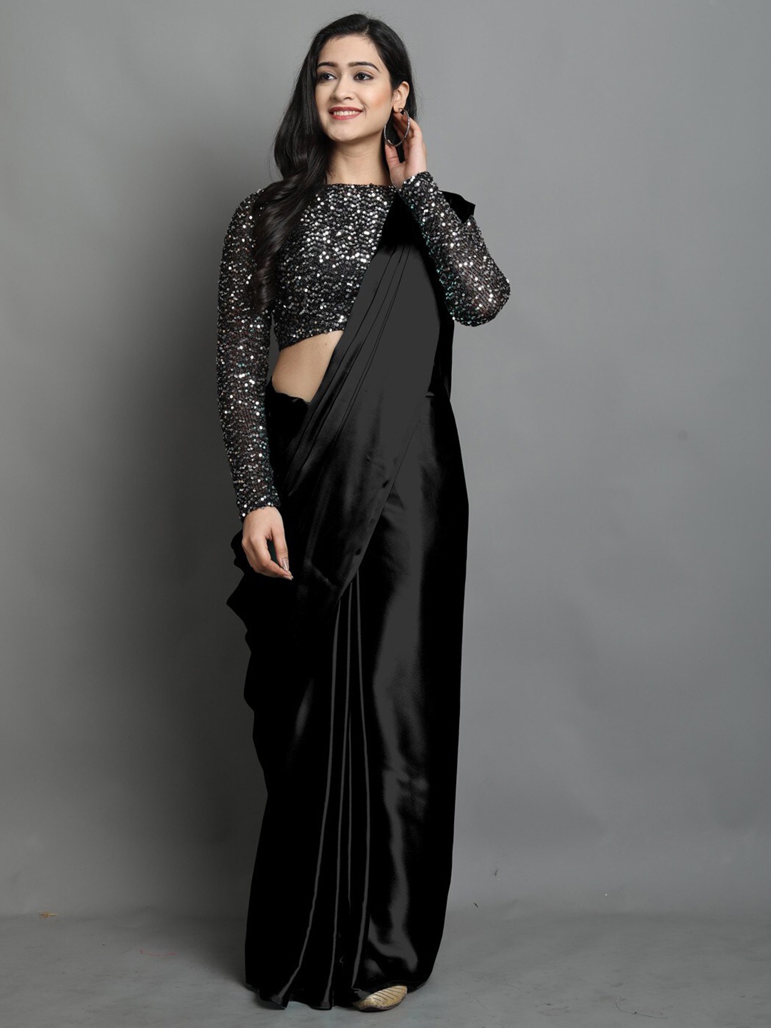 

vanraj creation Solid Satin Saree, Black