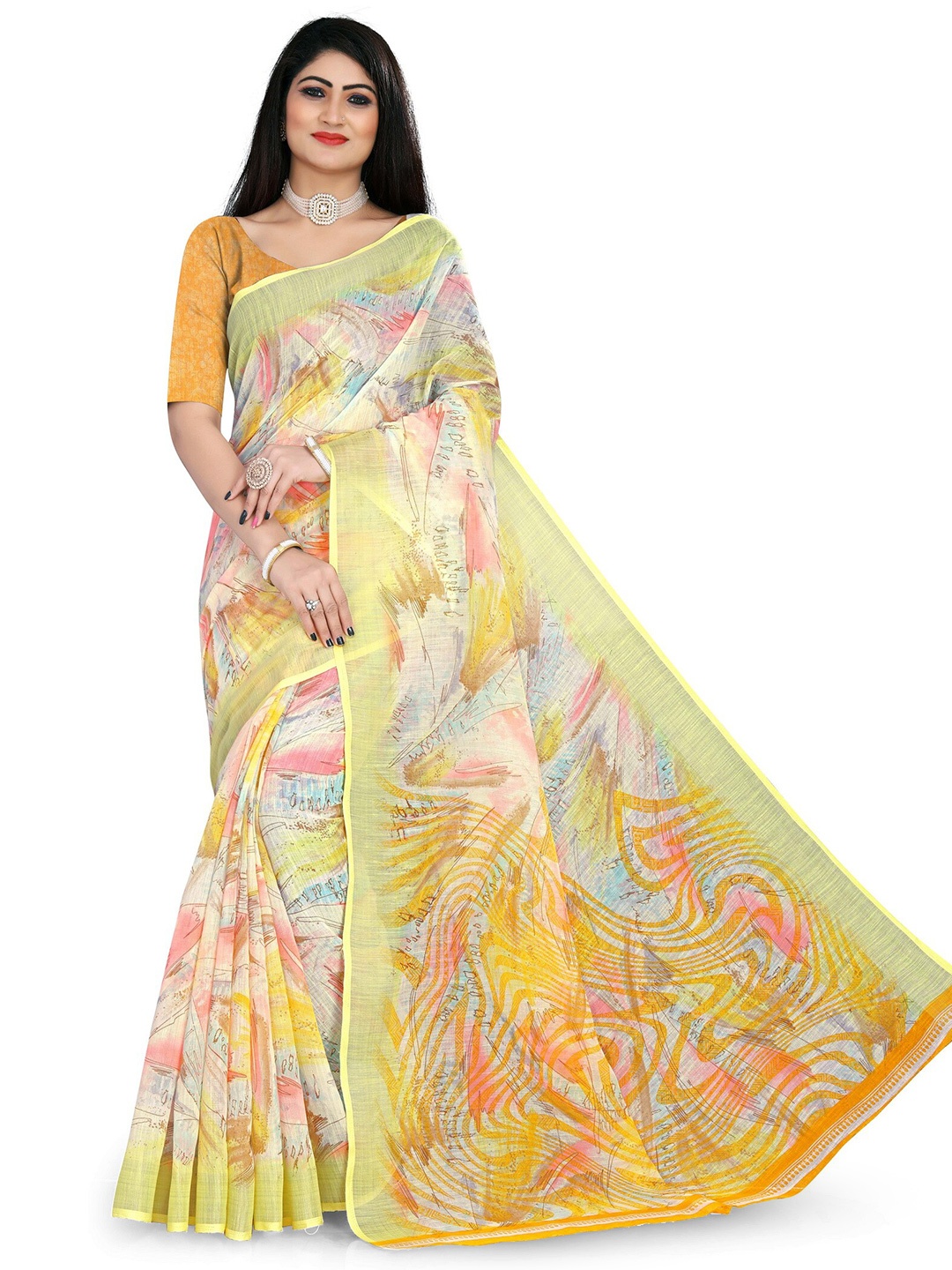 

vanraj creation Abstract Printed Cotton Linen Ikat Saree, Yellow