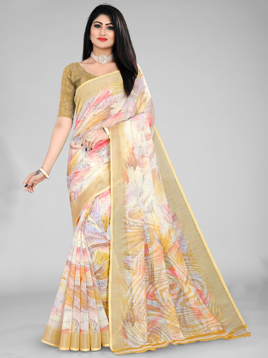 

vanraj creation Abstract Printed Cotton Linen Ikat Saree, Cream