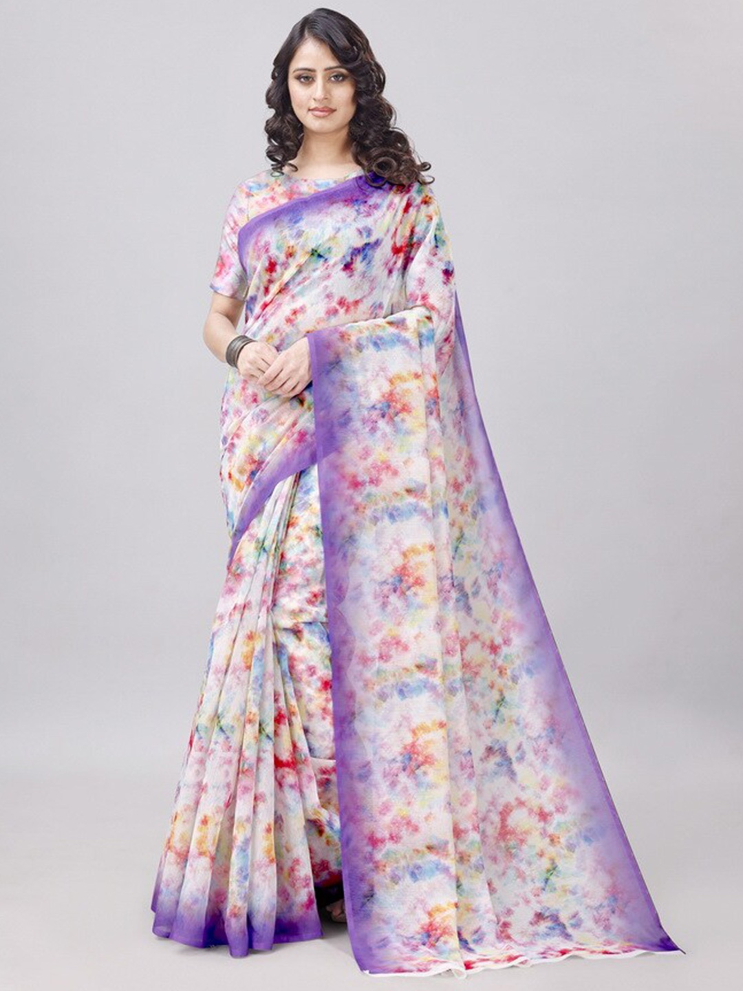 

vanraj creation Abstract Printed Cotton Linen Ikat Saree, Lavender