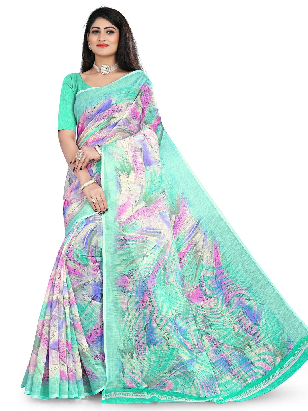 

vanraj creation Abstract Printed Cotton Linen Ikat Saree, Turquoise blue
