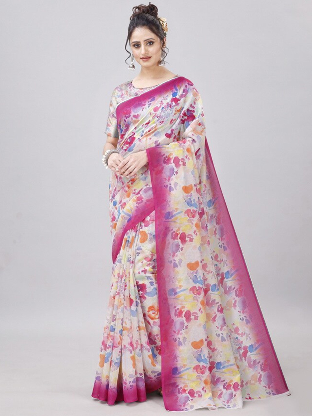 

vanraj creation Abstract Printed Cotton Linen Saree, Pink