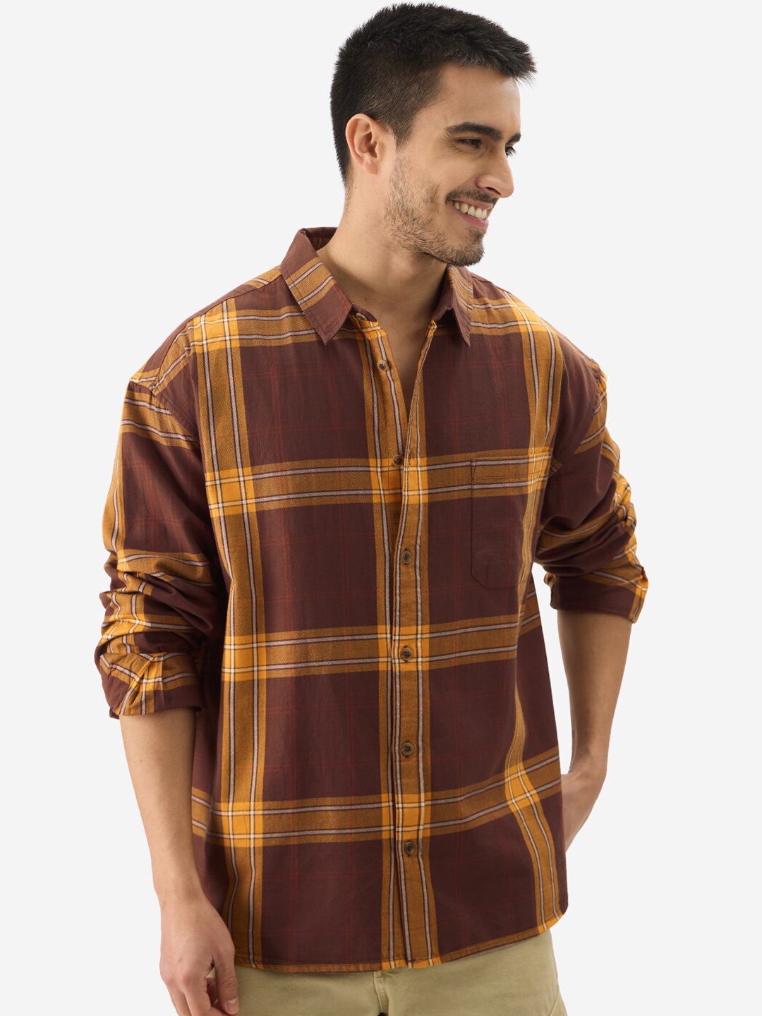 

The Souled Store Spread Collar Checked Cotton Casual Shirt, Brown
