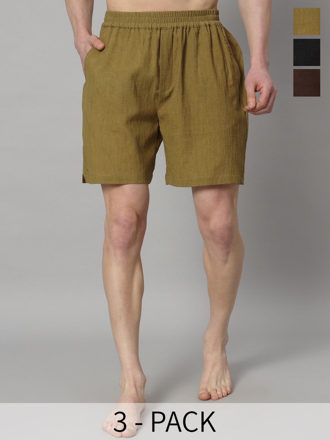 OWO THE LABEL Pack Of 3 Pure Linen Boxers OTLMB05_6_9-S, Khaki