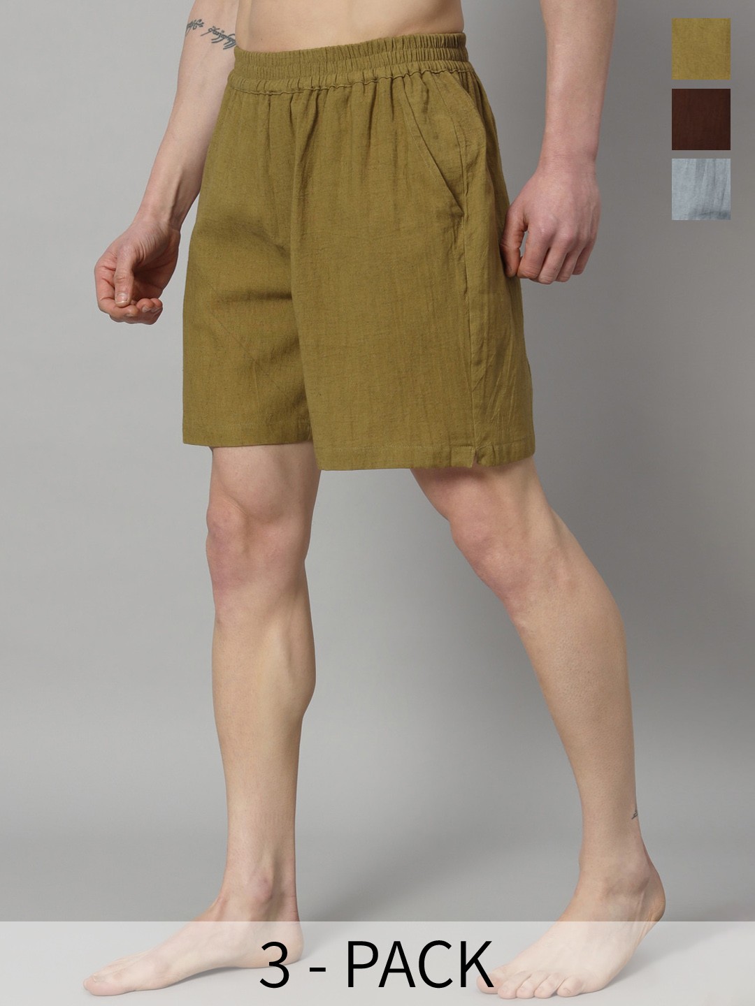 

OWO THE LABEL Pack Of 3 Pure Linen Boxers OTLMB05_7_8-S, Khaki