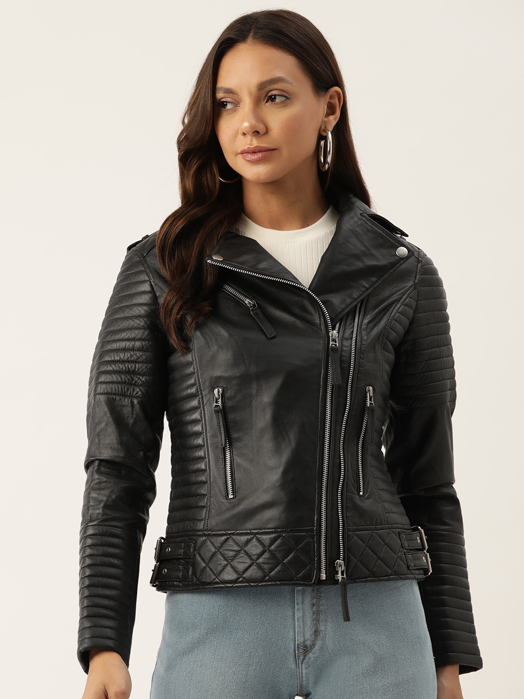 

Leather Retail Women Solid Leather Biker Jacket, Black
