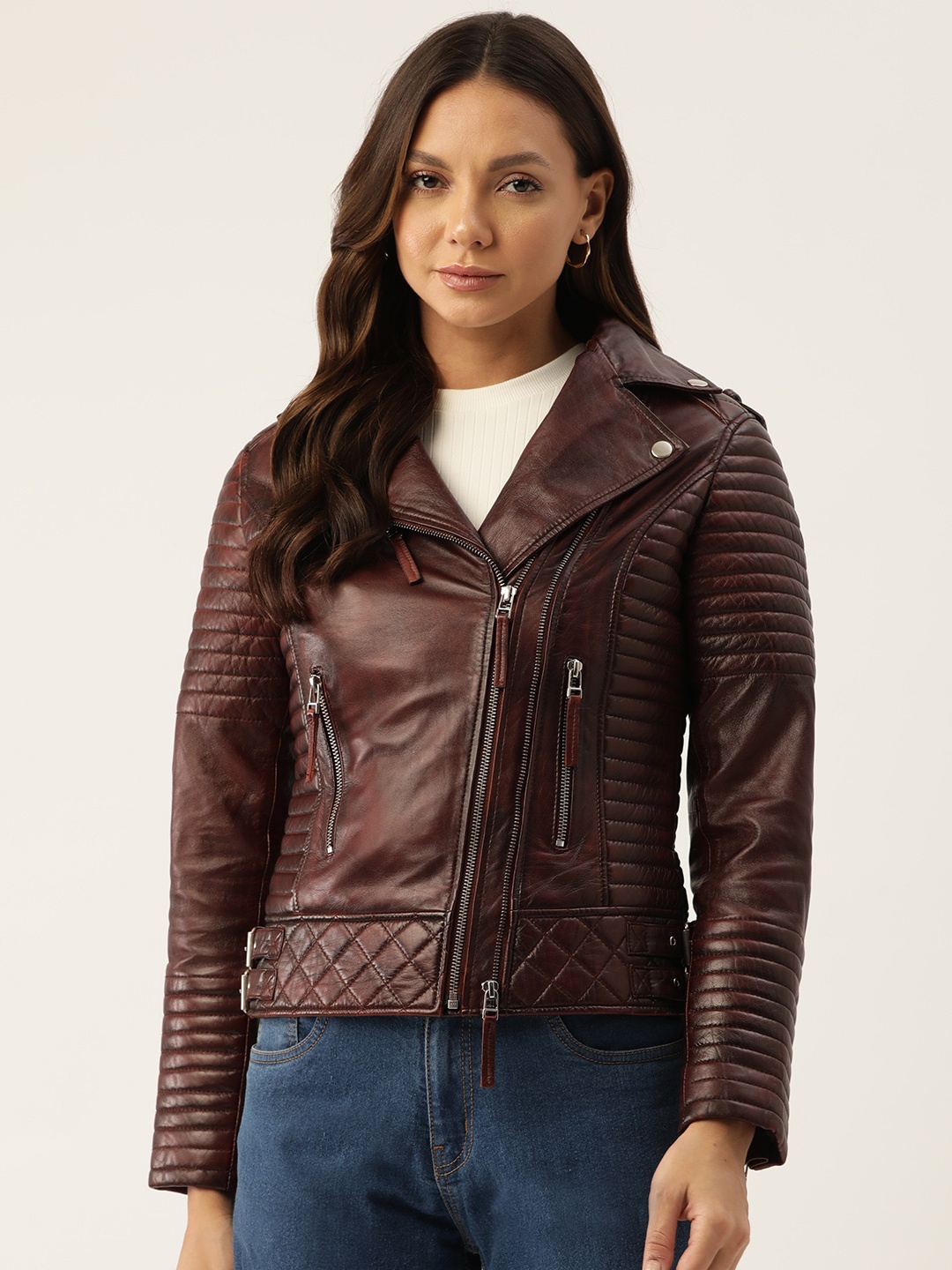 

Leather Retail Women Solid Leather Biker Jacket, Coffee brown