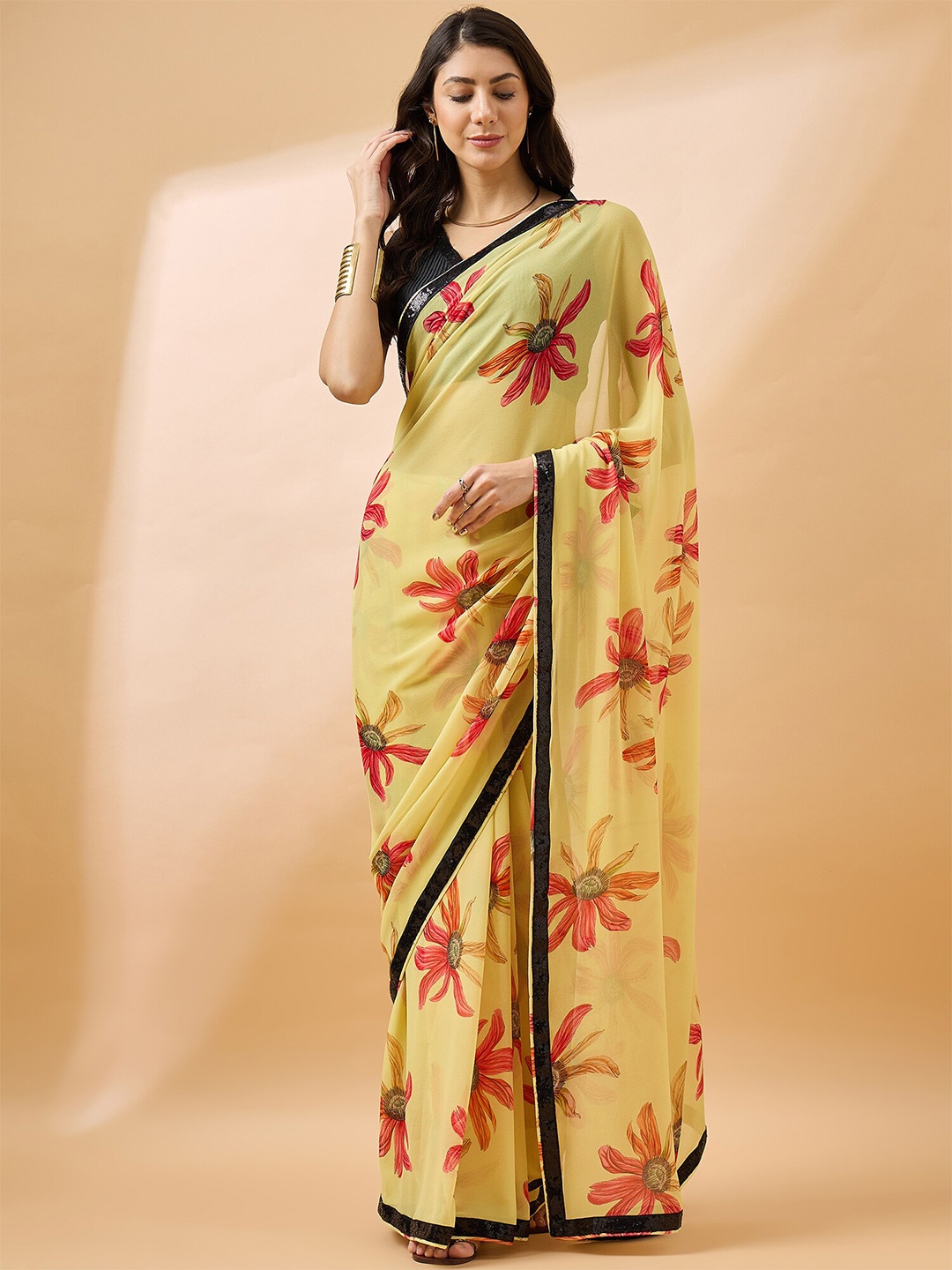 

all about you Yellow Floral Pure Georgette Saree