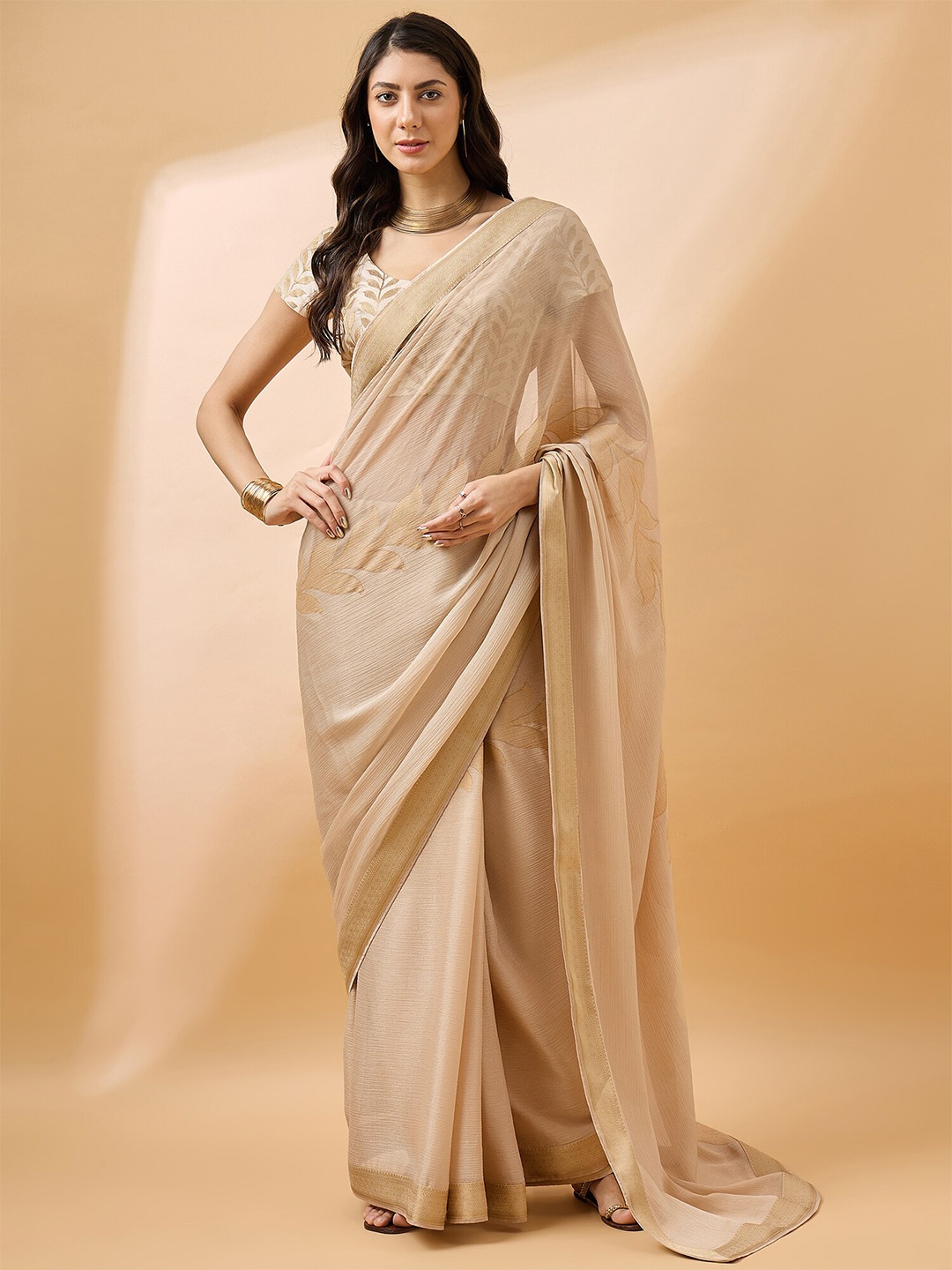 

all about you Beige Floral Zari Pure Chiffon Saree