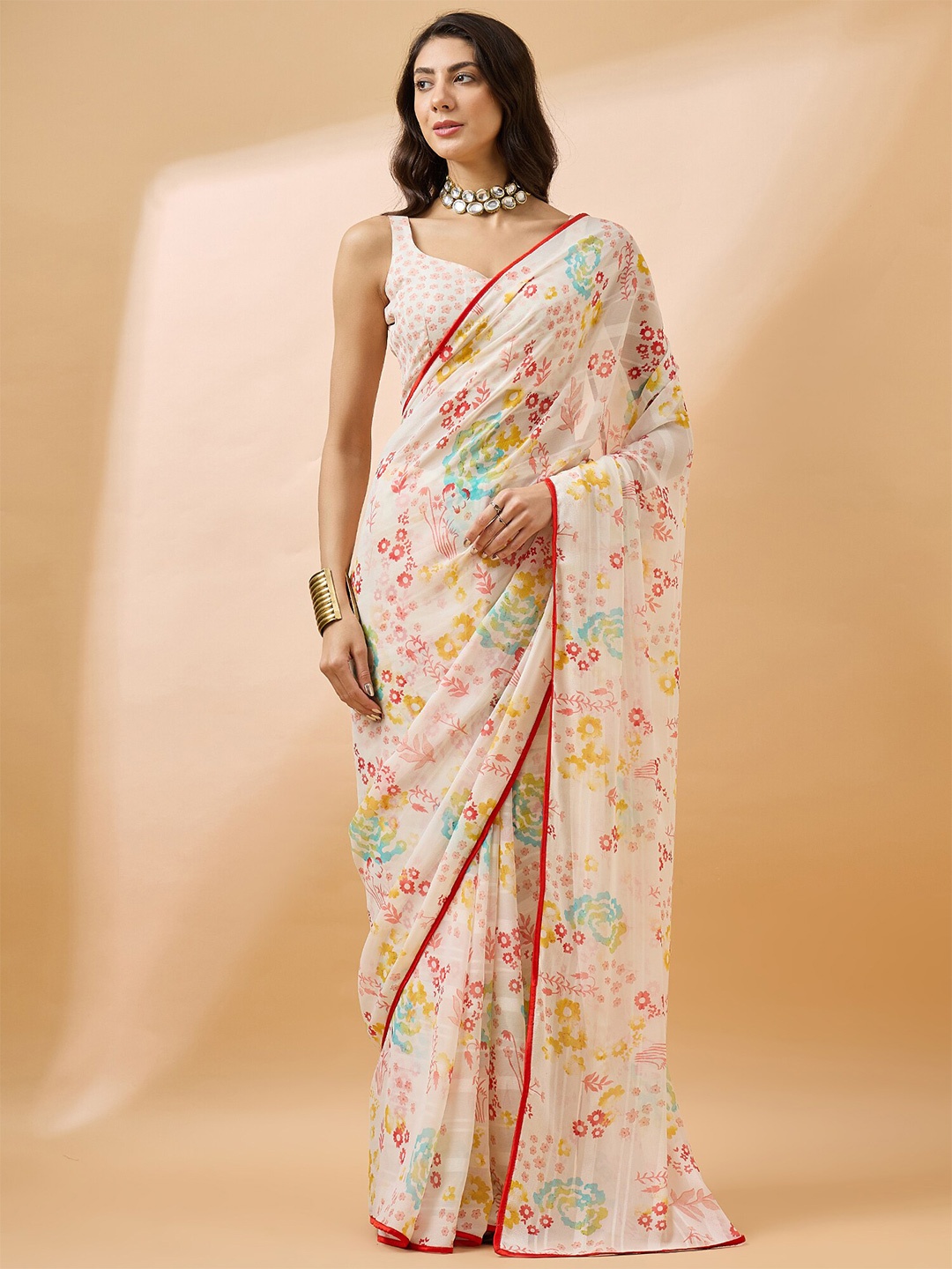 

all about you Off White Floral Pure Georgette Saree