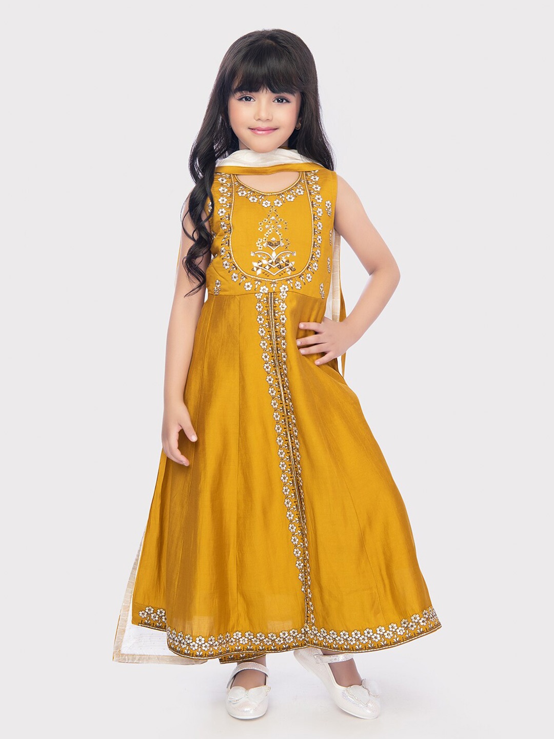 Tiny Kingdom Girls Floral Embroidered Kurta With Trousers & Dupatta, Mustard