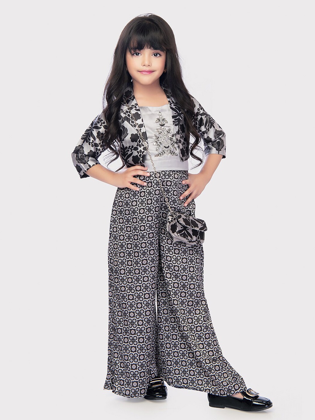 

Tiny Kingdom Girls Embellished Top & Palazzos with Jacket & Pocket, Grey