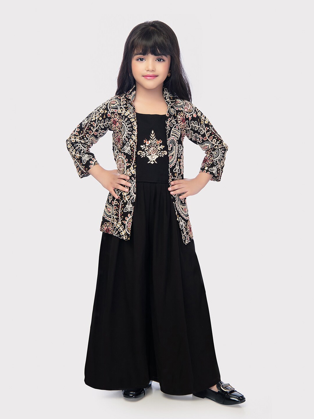 

Tiny Kingdom Girls Crop Top With Palazzos & Overcoat, Black