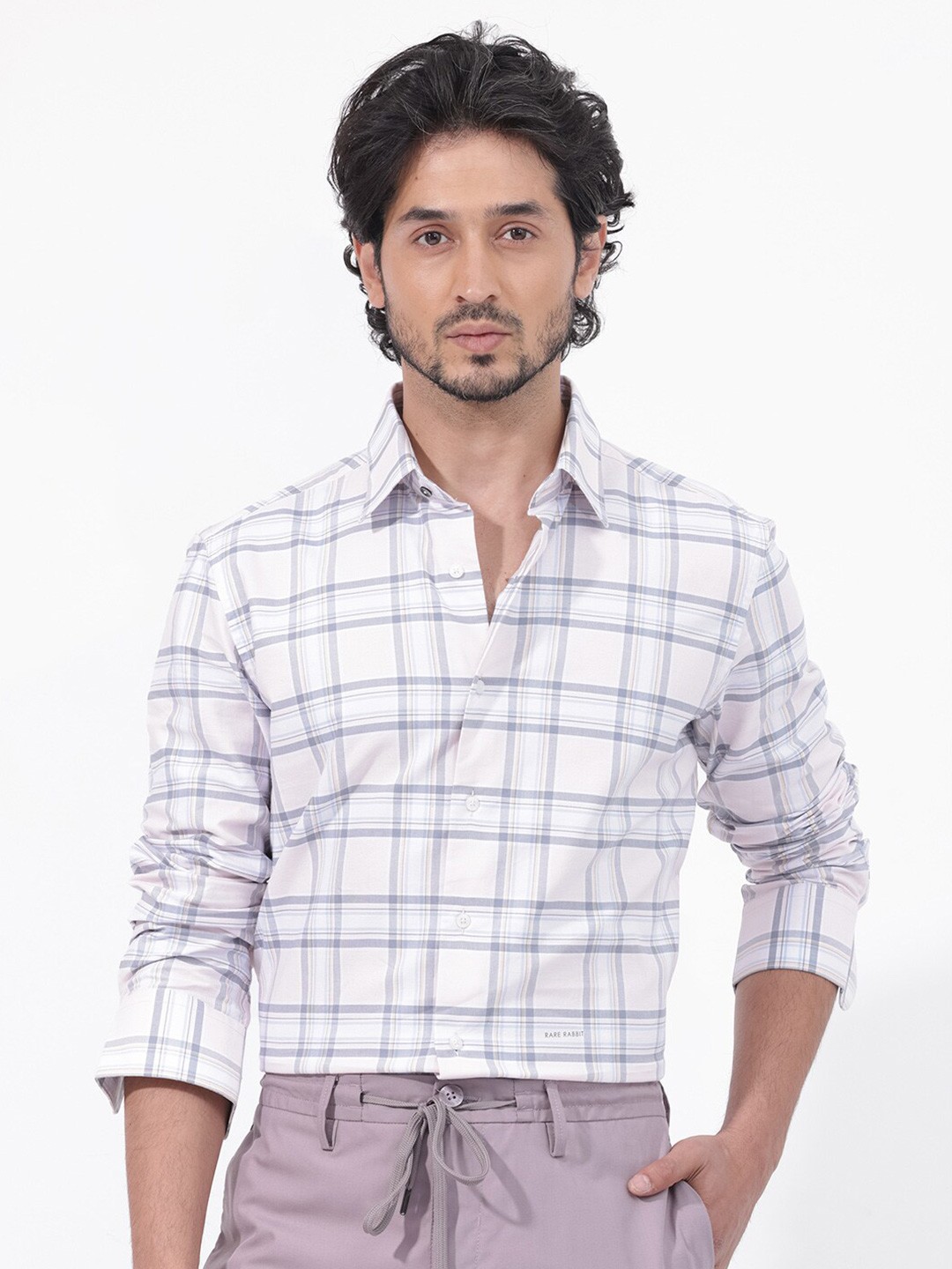 

RARE RABBIT Men Lowen Regular Fit Windowpane Opaque Checked Shirt, Pink