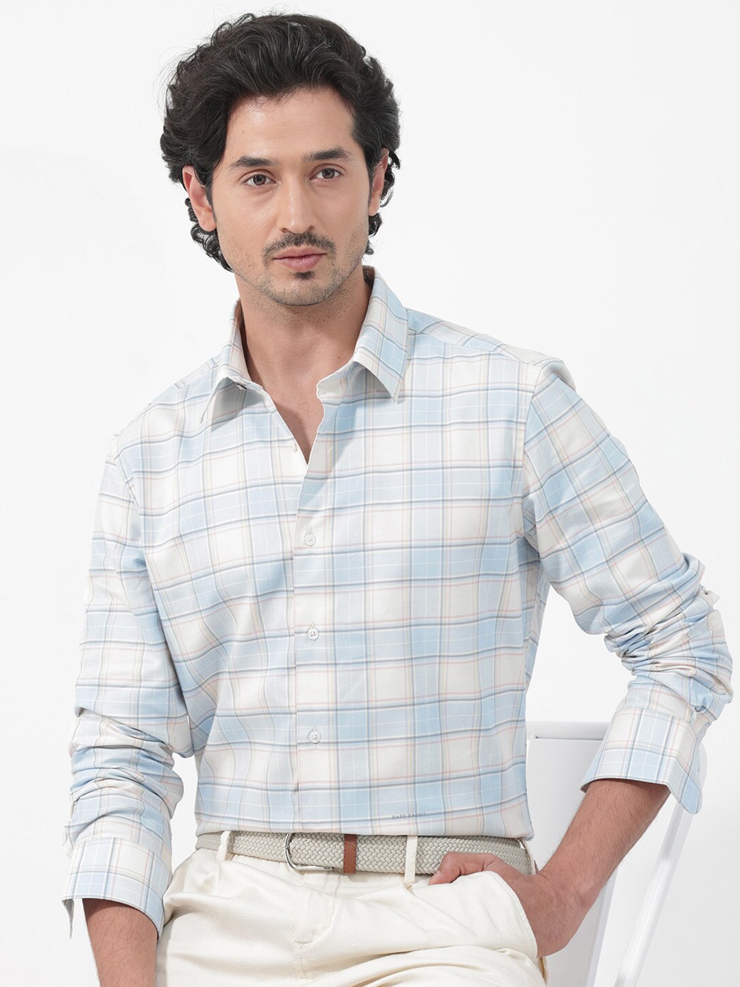 

RARE RABBIT Men Lowen Regular Fit Windowpane Opaque Checked Shirt, Blue