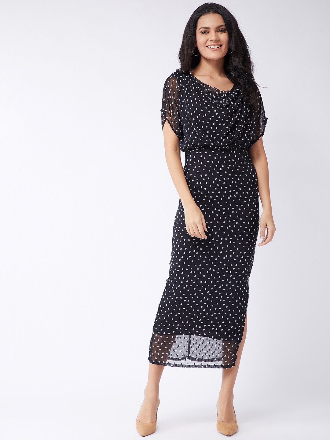 

Zima Leto Polka Dot Printed Georgette Blouson Midi Dress, Black