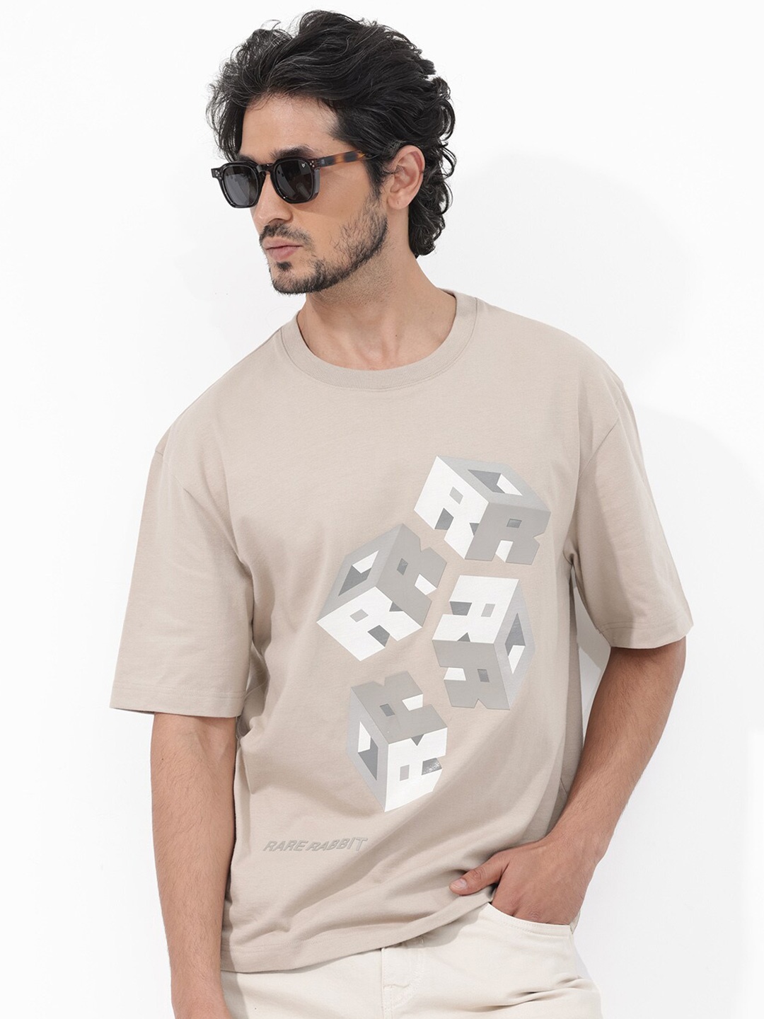 

RARE RABBIT Men Carter Oversized Graphic Printed T-Shirt, Beige
