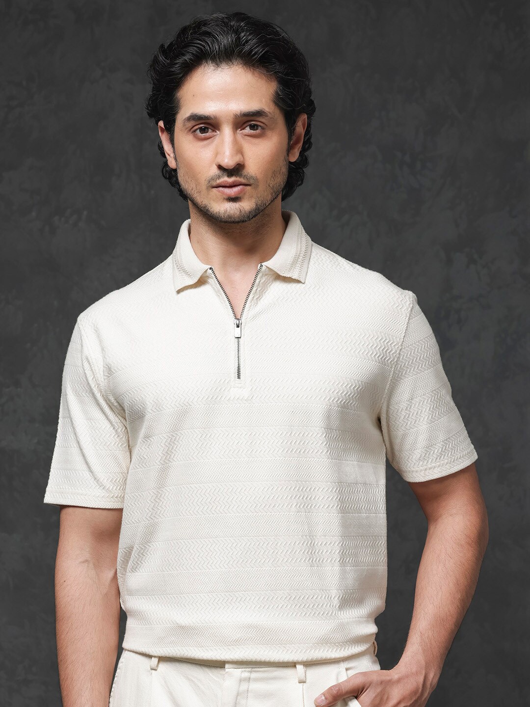 

RARE RABBIT Men Clion Clion Regular Fit Zip Polo Collar T-Shirt, Beige