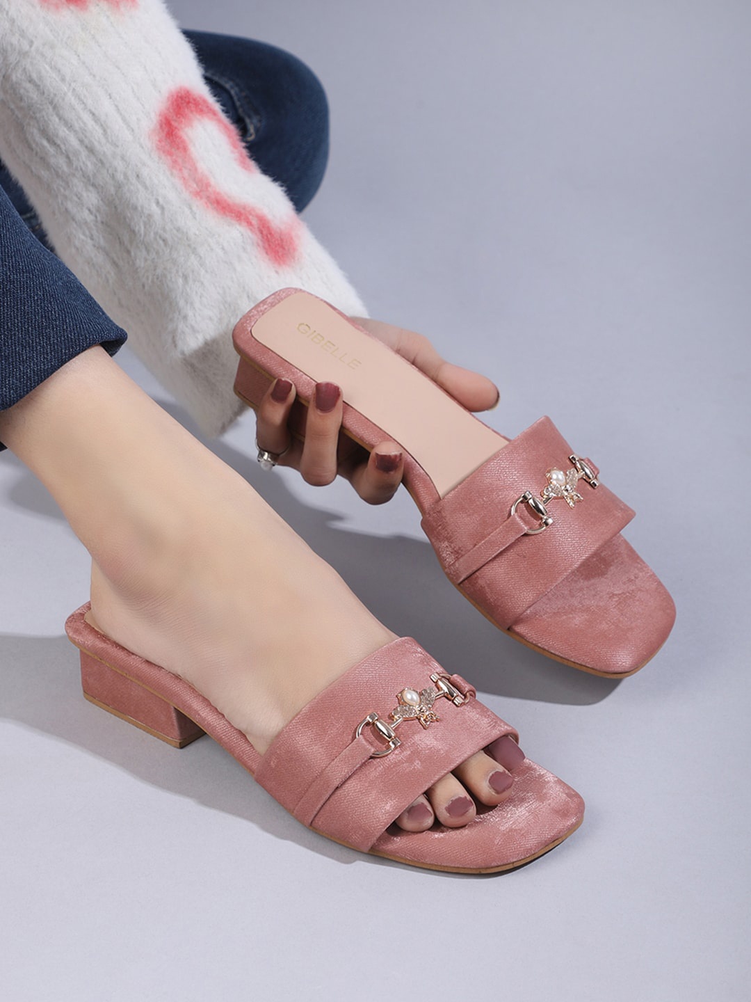

Gibelle Embellished Open Toe Block Heels, Peach