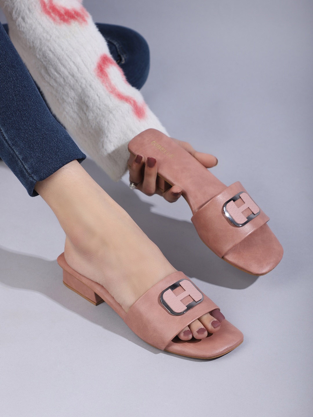

Gibelle Embellished Open Toe Block Heels, Peach
