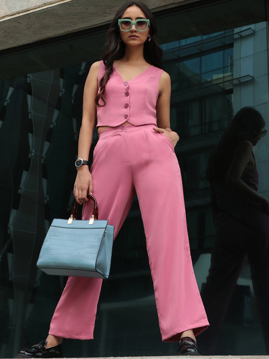 

PINACOLADA Sleeveless V Neck Crop Top & Trousers Co-Ords Set, Pink