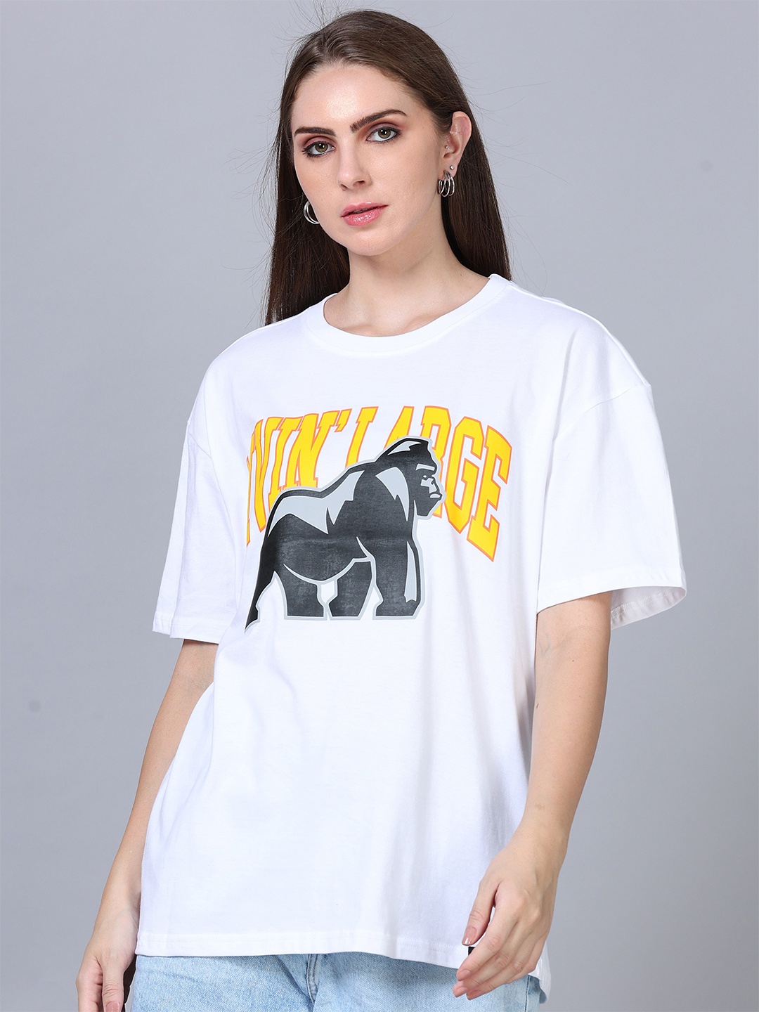 

SILISOUL Graphic Printed Round Neck Bio Finish Cotton Oversized Fit T-Shirt, White