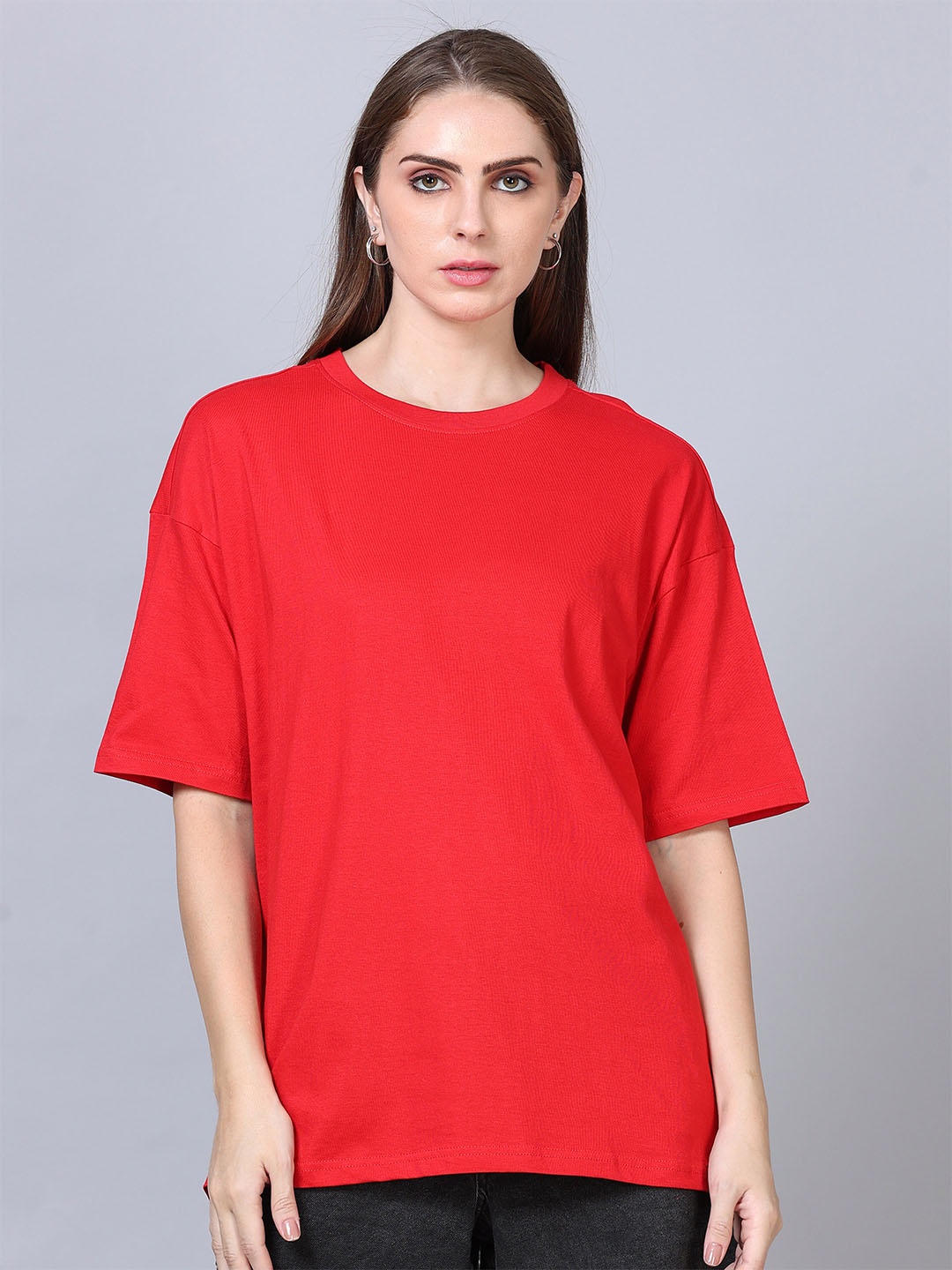 

SILISOUL Round Neck Drop-Shoulder Sleeves Cotton Oversized T-shirt, Red