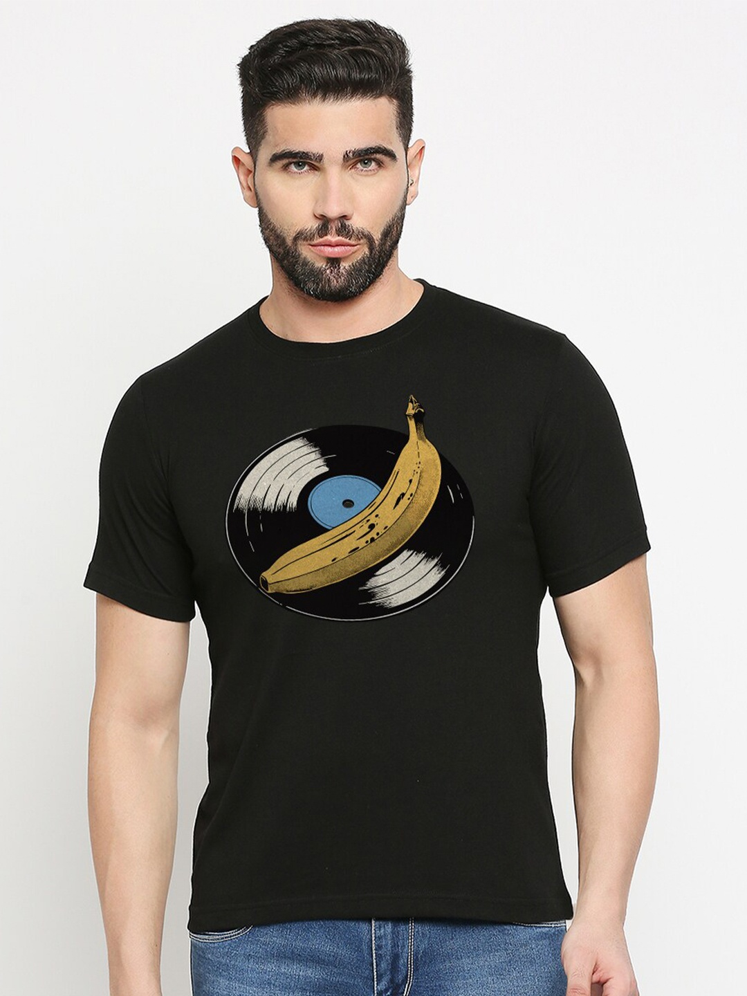 

MOD ECRU Printed Round Neck Cotton T-shirt, Black