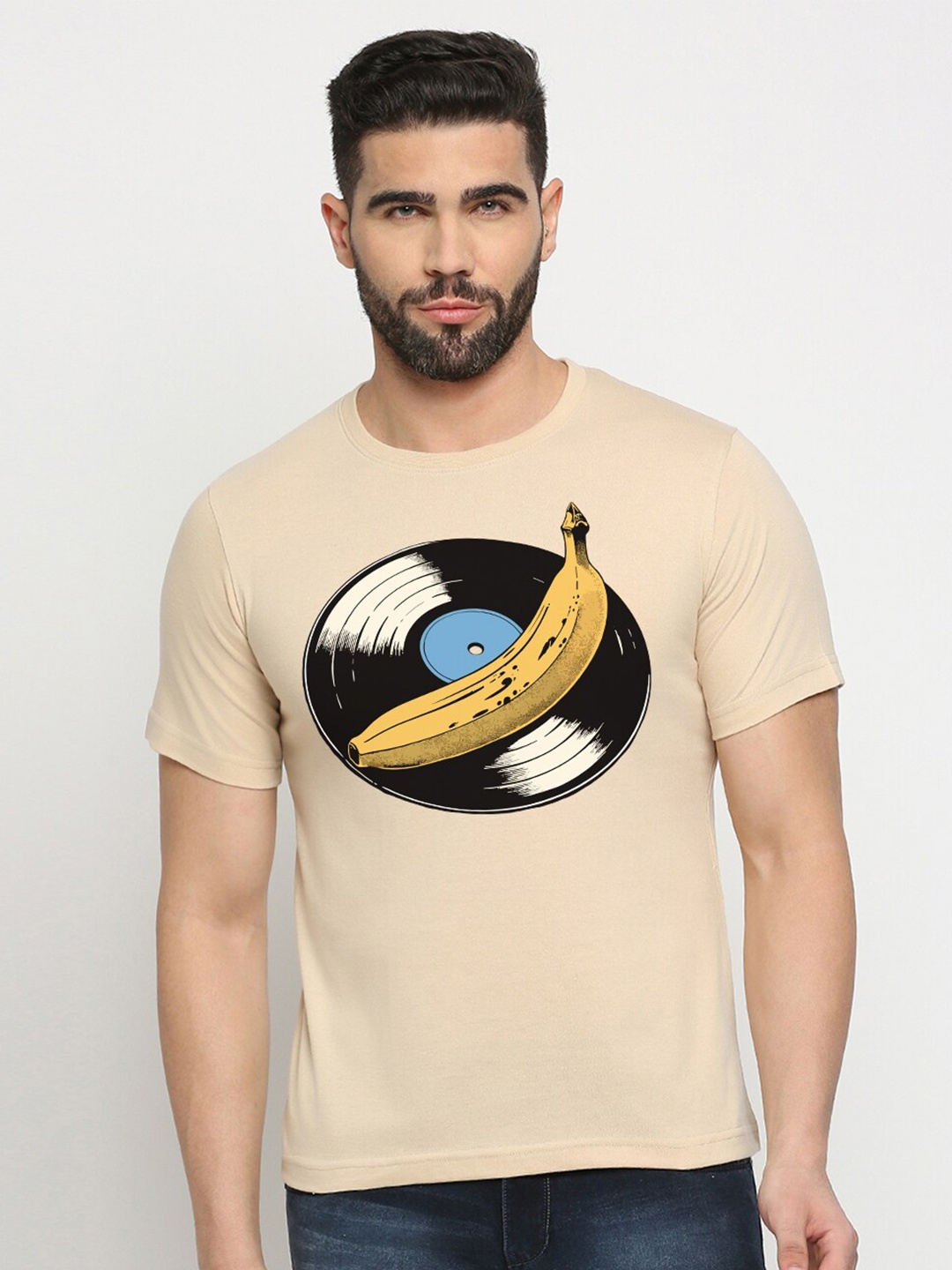 

MOD ECRU Printed Round Neck Cotton T-shirt, Cream
