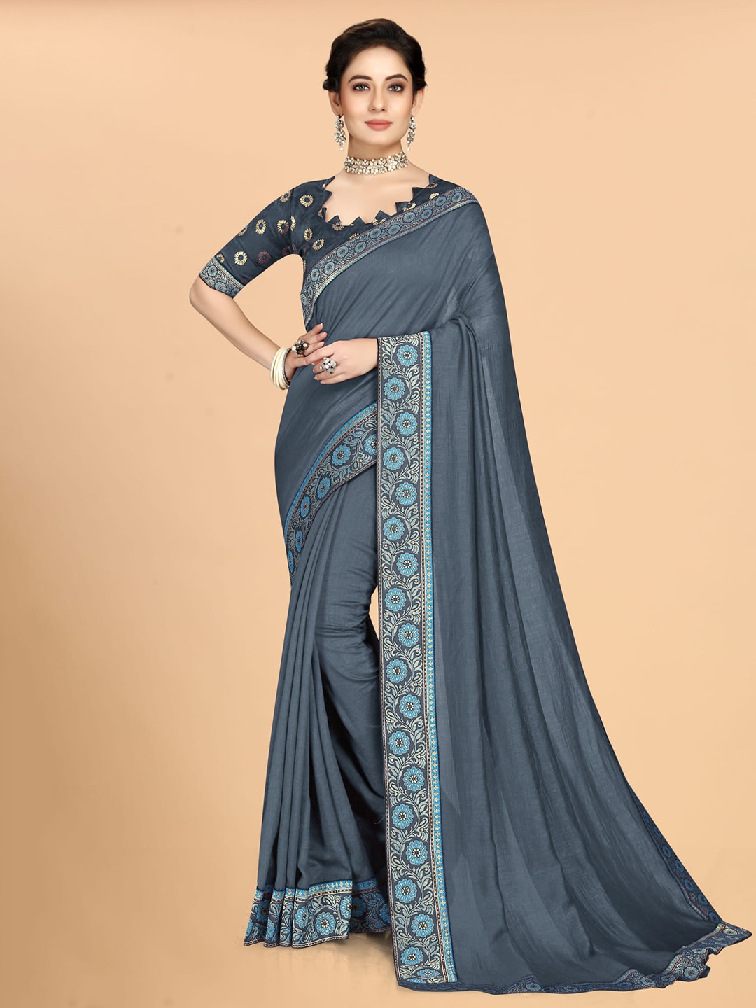 

Marabout Zari Silk Cotton Mysore Silk Saree, Grey