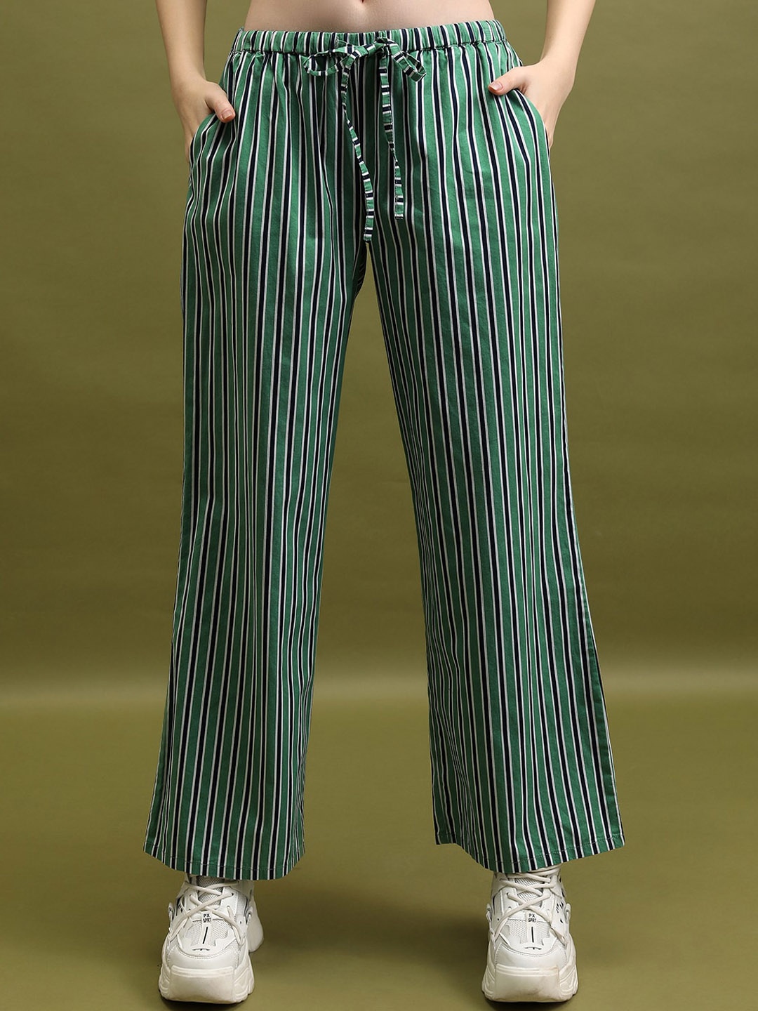 

Tokyo Talkies Women Green Striped Cotton Loose Fit Trouser