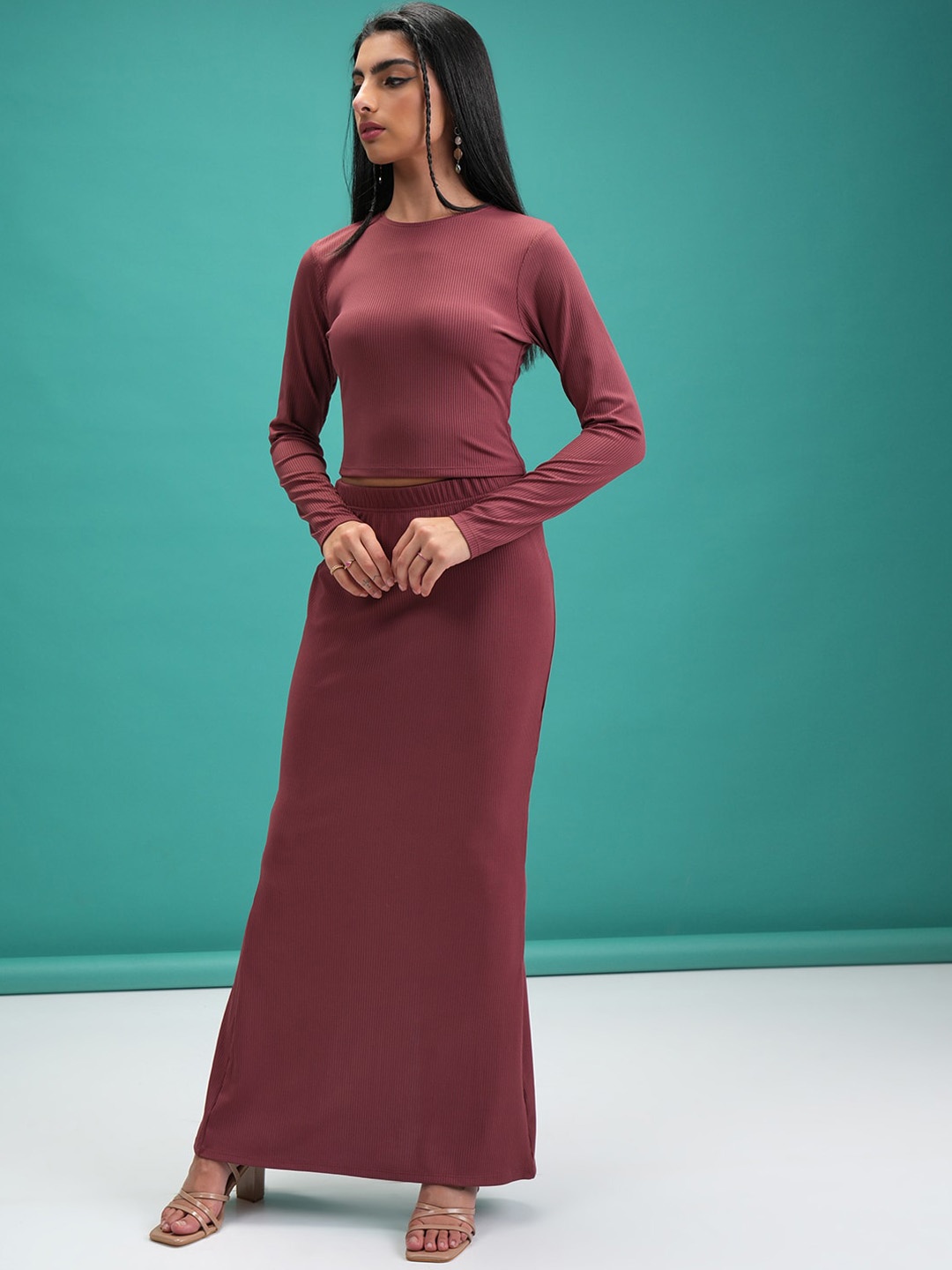 

Tokyo Talkies Rose Pink Ribbed Crop Top With Skirt Co-Ords