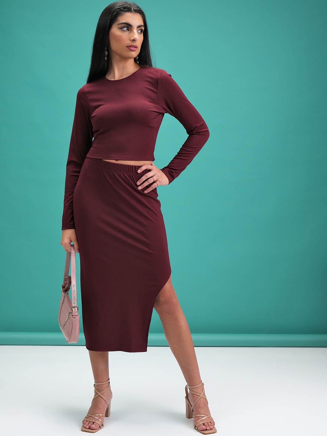

Tokyo Talkies Burgundy Ribbed Crop Top With Skirt Co-Ords