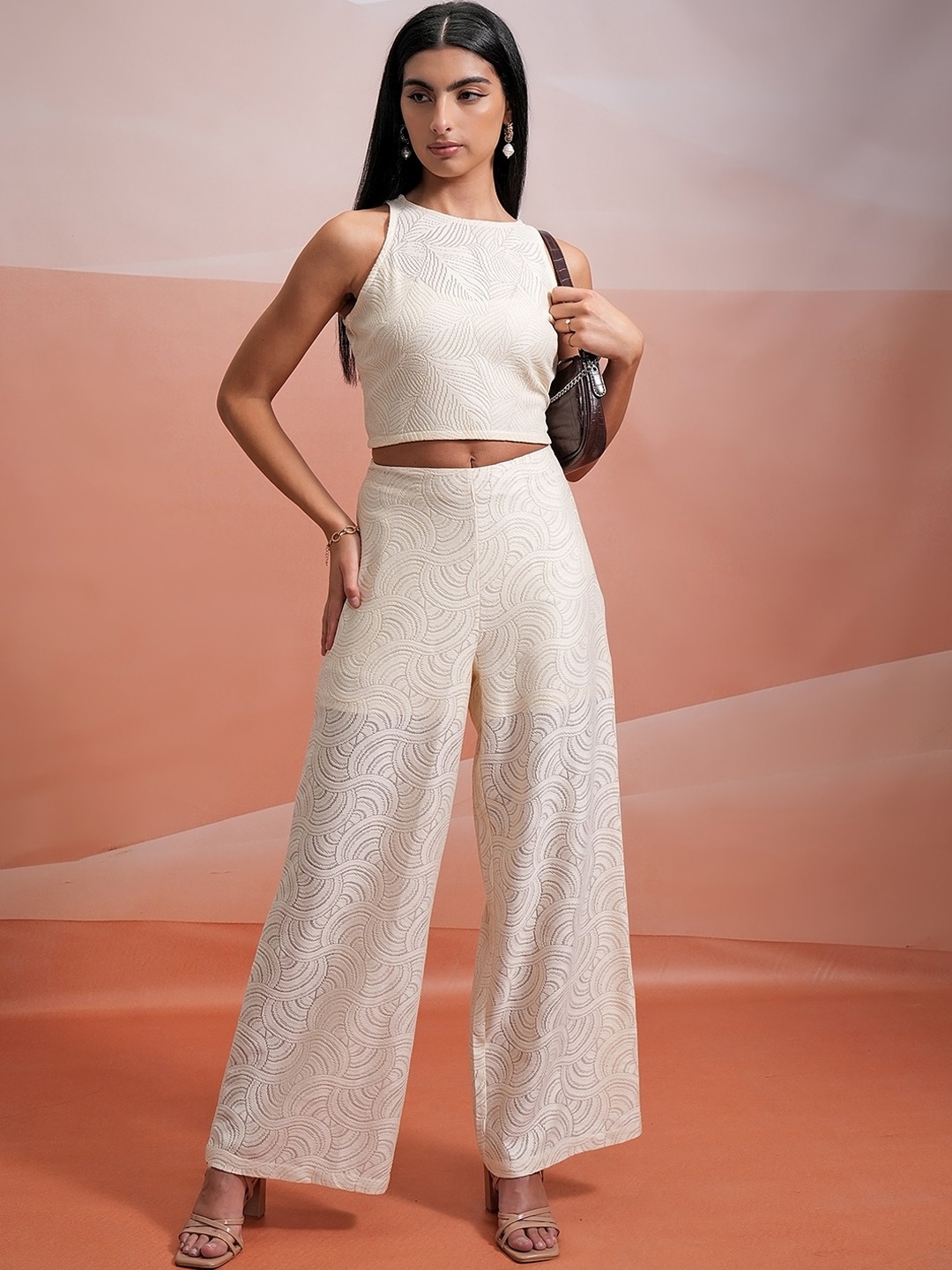 

Tokyo Talkies White Self-designed Sleeveless Crochet Top & Trousers Co-Ords, Off white