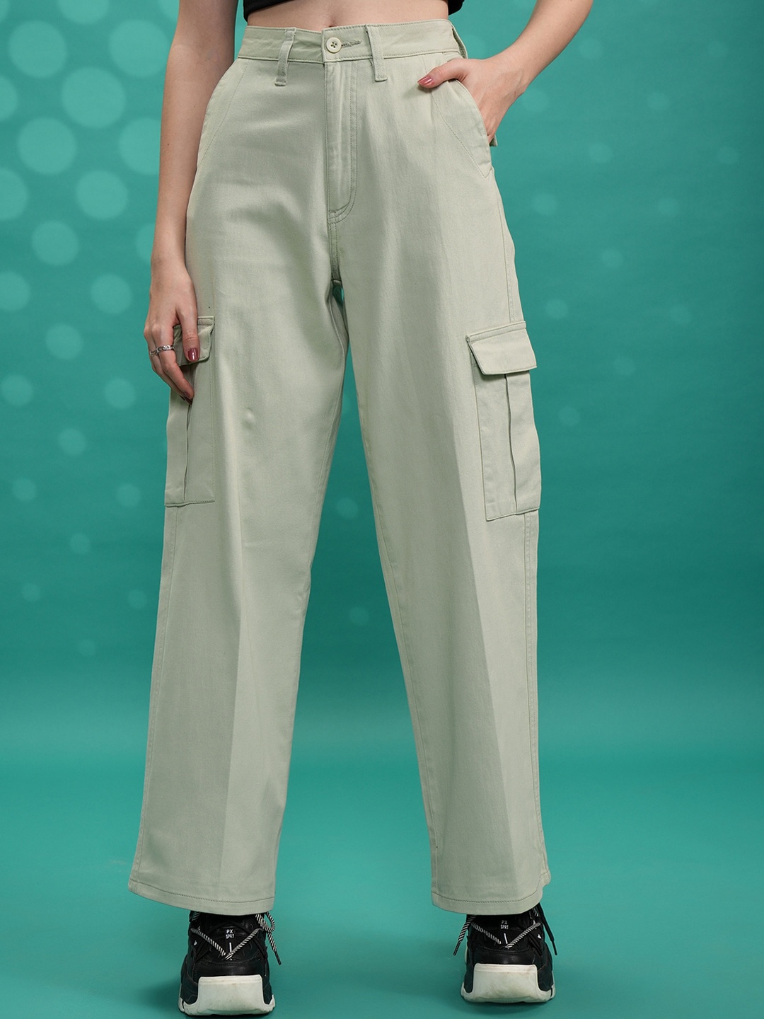 

Tokyo Talkies Women Green Flared High Waist Wide Leg Cargo Trouser