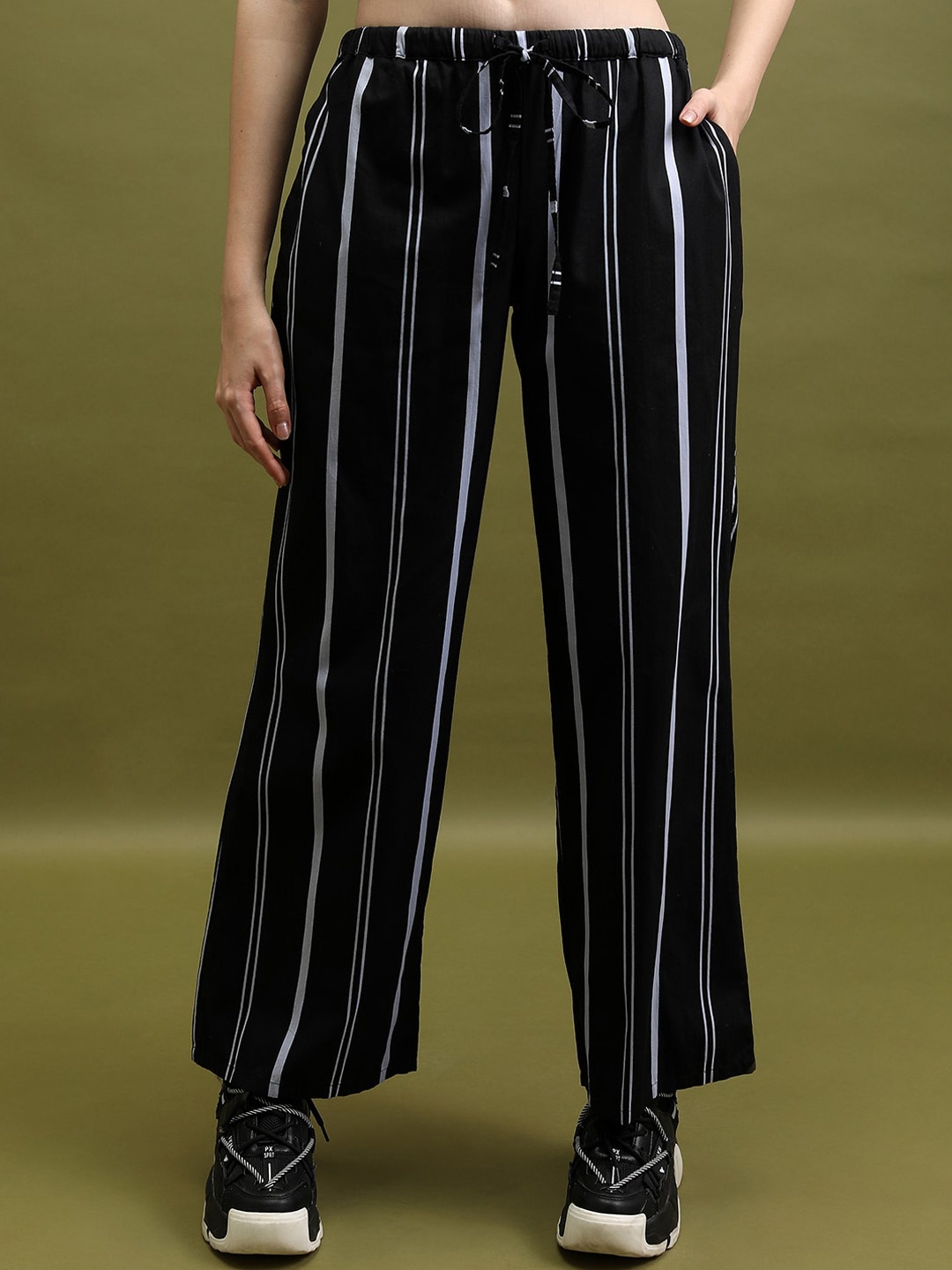 

Tokyo Talkies Black Women Striped Cotton Trousers