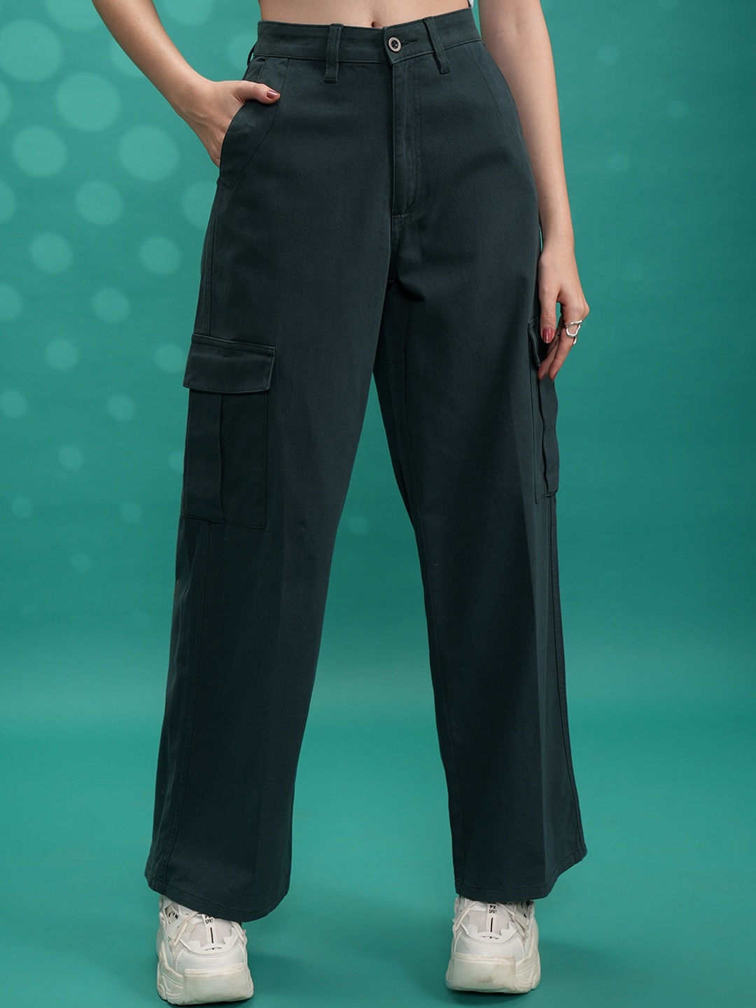 

Tokyo Talkies Teal Green Women Flared Cargos Mid-Rise Cotton Trousers