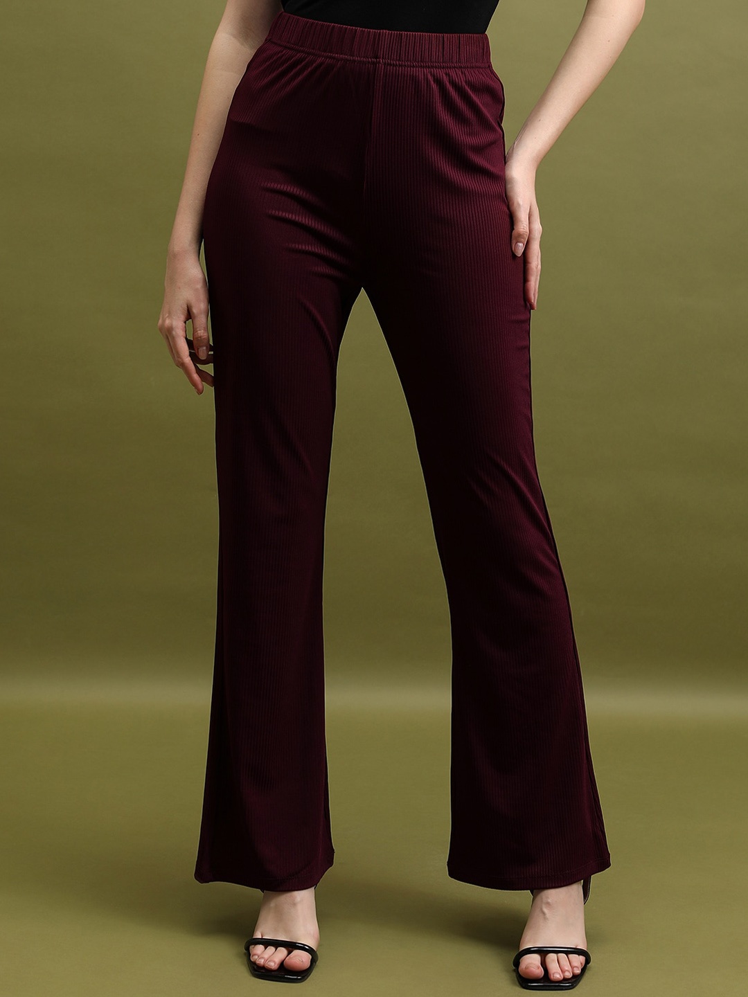 

Tokyo Talkies Burgundy Women Flared Mid-Rise Bootcut Trousers