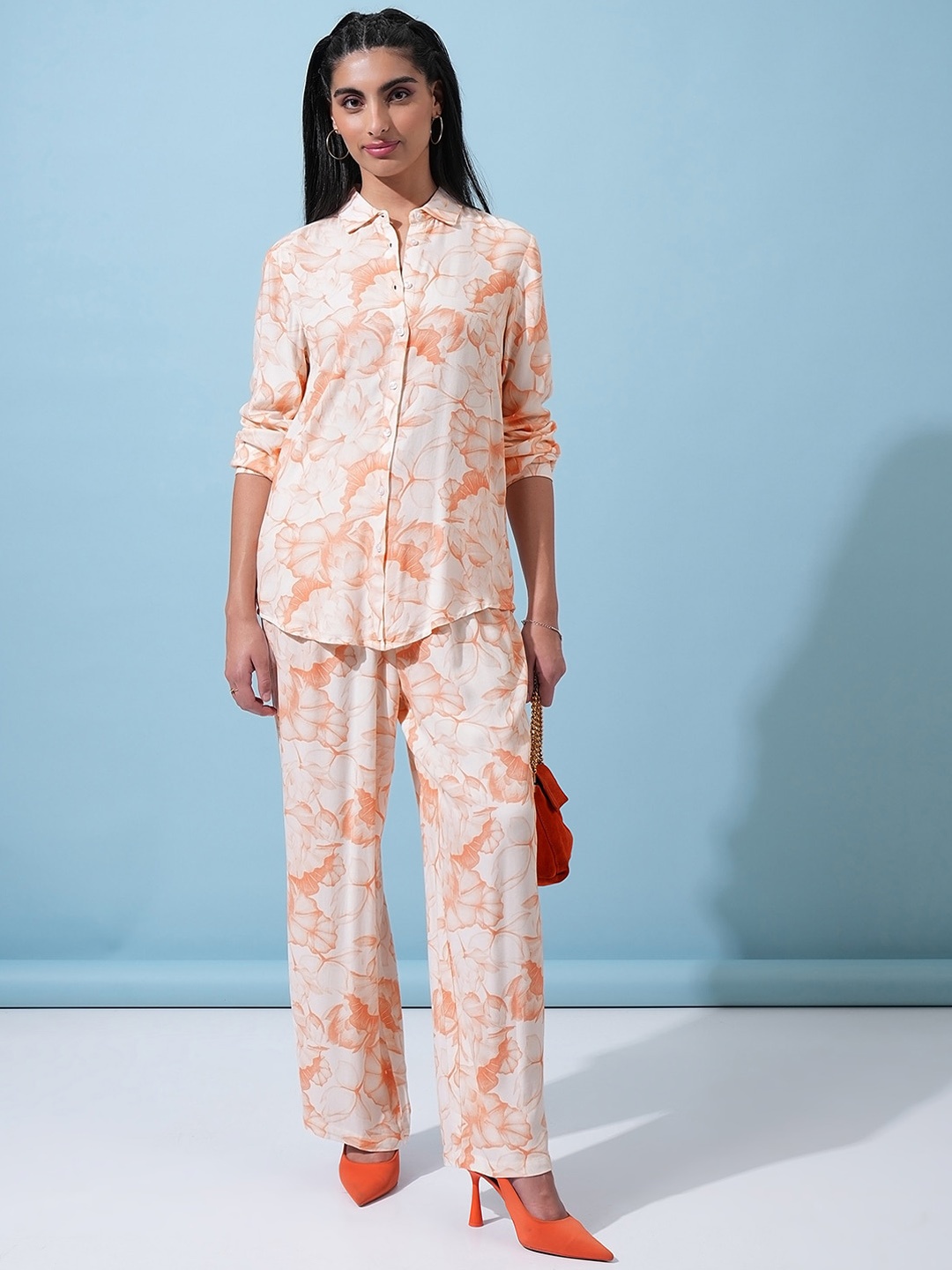 

Tokyo Talkies Orange Floral Printed Shirt With Trouser Co-Ords, Off white