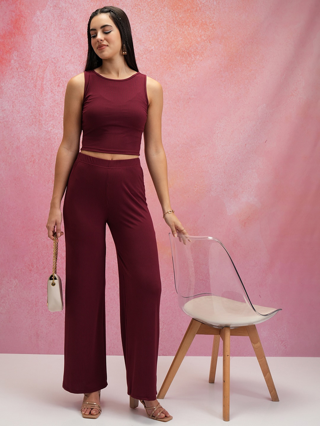 

Tokyo Talkies Burgundy Sleeveless Crop Top With Trousers Co-Ords, Maroon