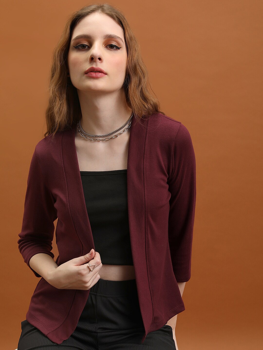 

Tokyo Talkies Ribbed Open Front Shrug, Burgundy