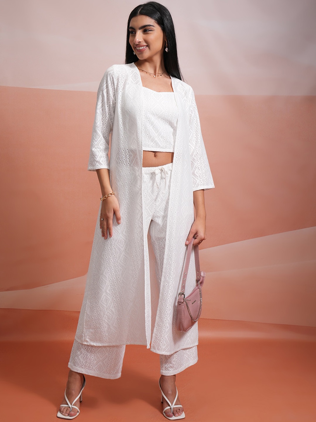 

Tokyo Talkies White Self-Designed Crochet Top & Palazzos with Shrug Co-Ords Set