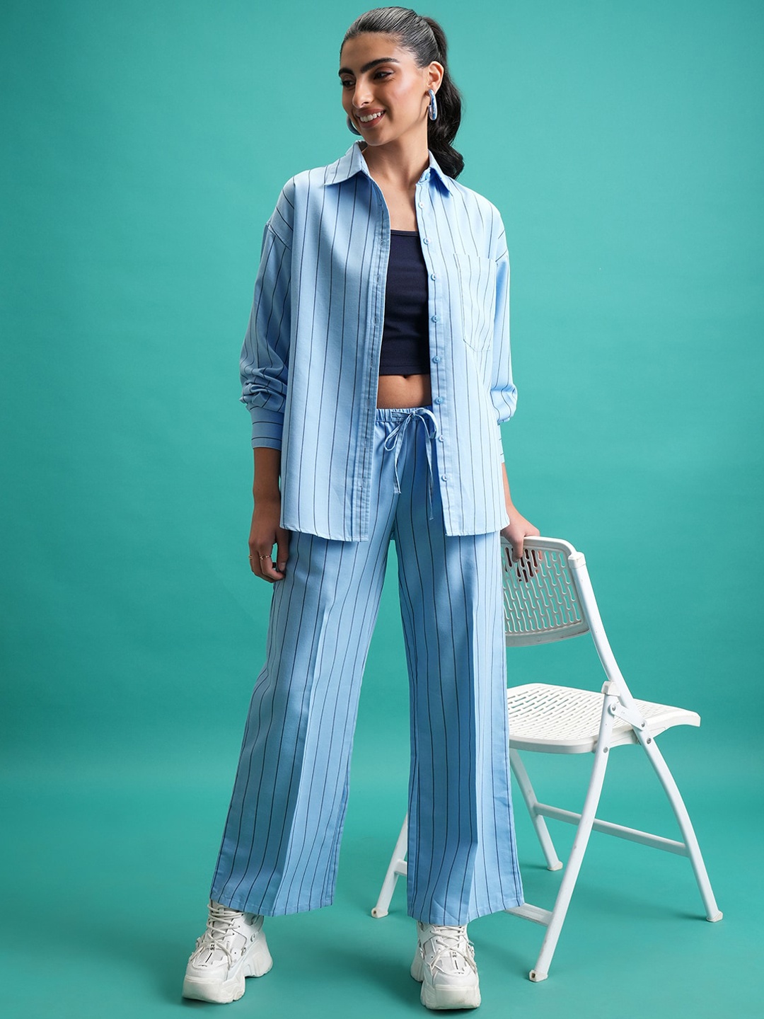 

Tokyo Talkies Blue Striped Shirt Collar Shirt With Trousers Co-Ords