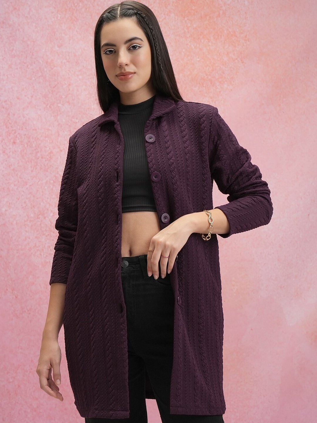 

Tokyo Talkies Purple Cable Knit Self Design Shirt Collar Longline Cardigan Sweater