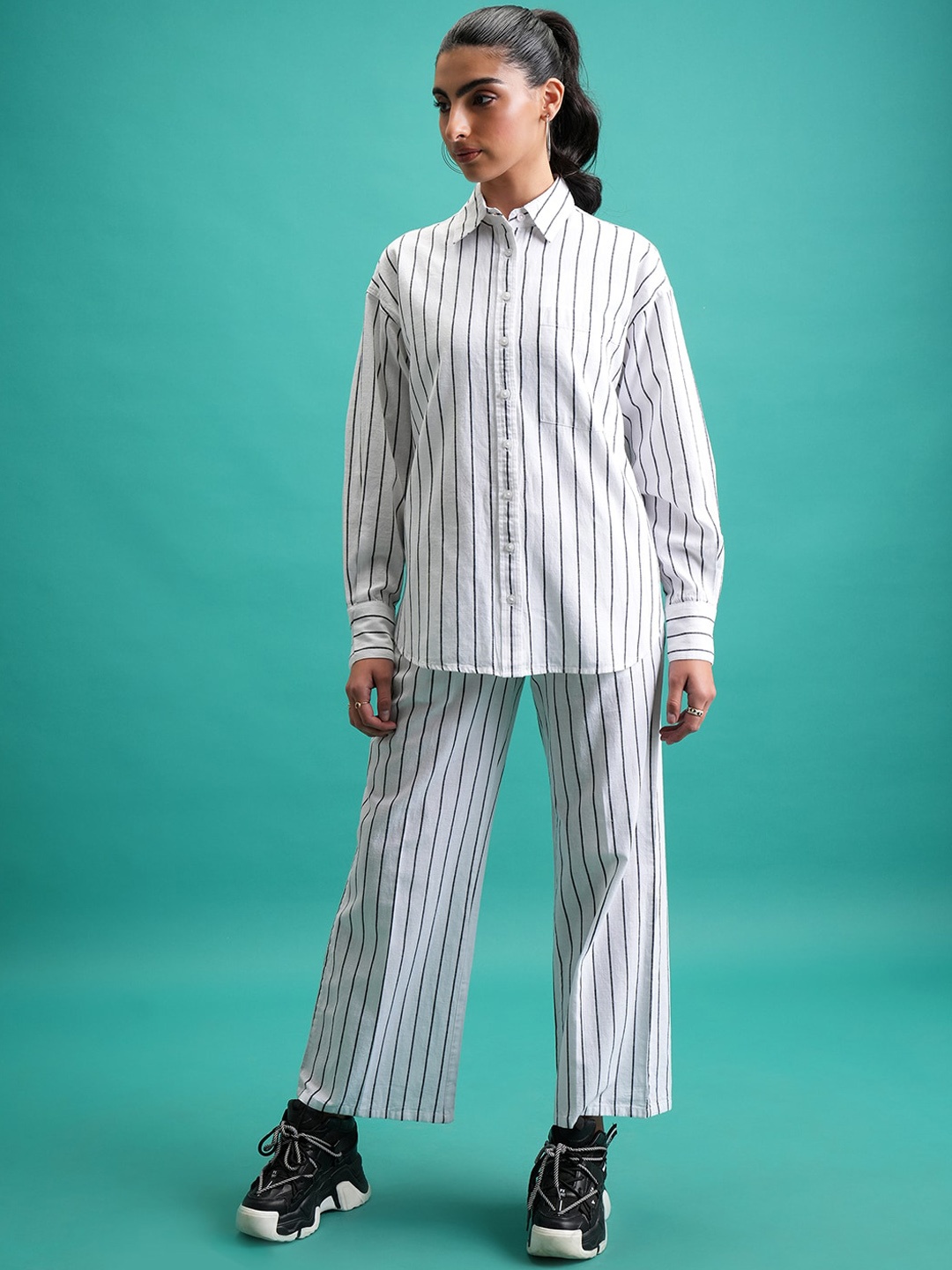 

Tokyo Talkies White Striped Pure Cotton Shirt With Trousers Co-Ords